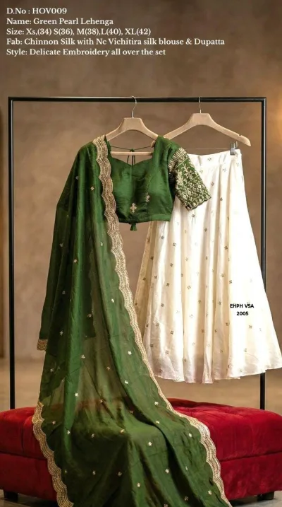 Green Embroidered Lehenga with Dupatta – Green & Beige